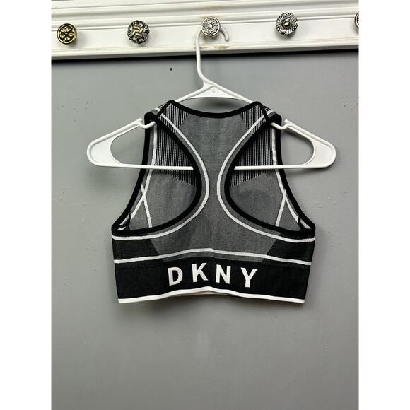DKNY Sport Bra Womens Small Black Gray White Seamless Crop Top Logo Athletic Gym - Picture 2 of 6